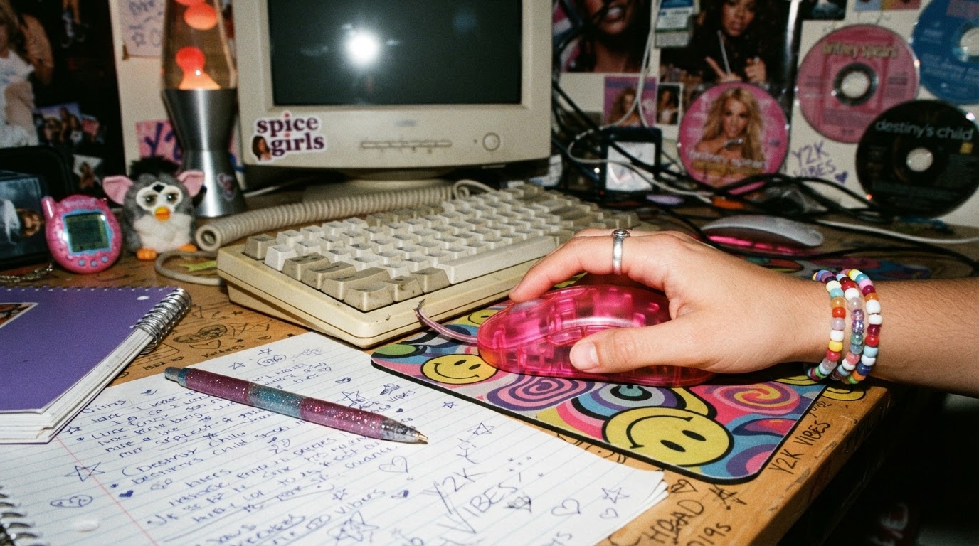 A close-up shows a hand using a translucent pink computer mouse beside a compact keyboard and handwritten notes, lit by