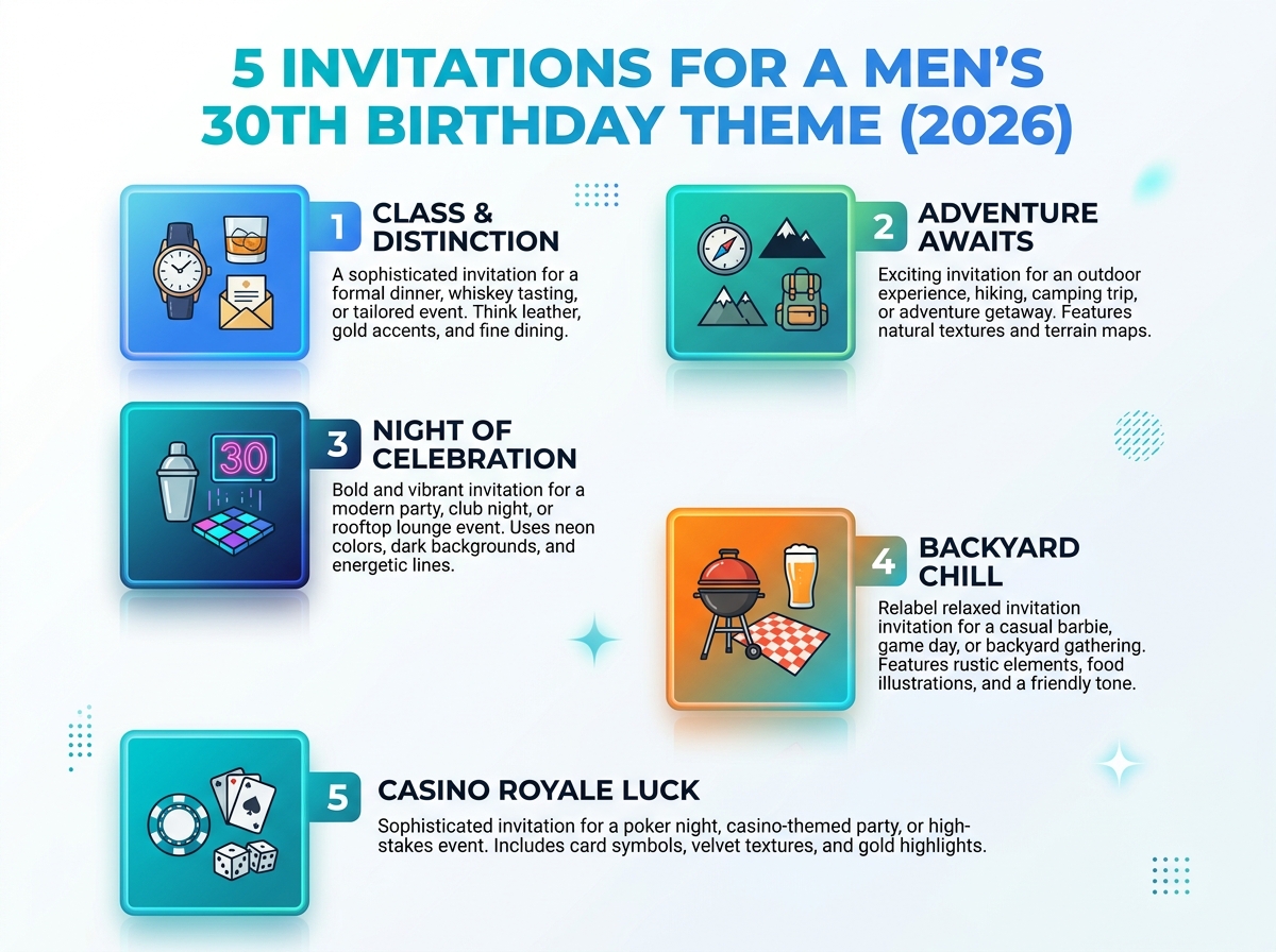 Infographic: 30 Birthday Themes for Men in 2026, with 5 invitation ideas for a men's 30th birthday theme (2026).