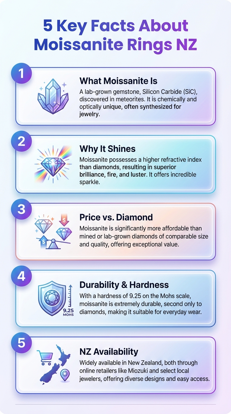 Infographic detailing 5 key facts about Moissanite rings NZ: durability, cost, brilliance, care, and settings