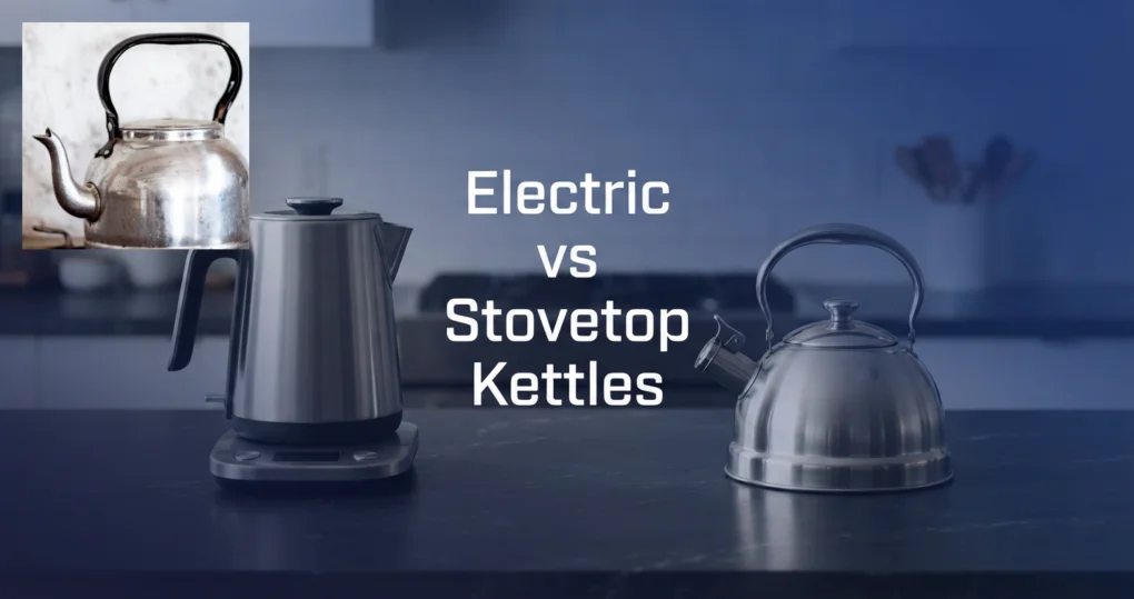 Electric and stovetop kettles on a kitchen counter