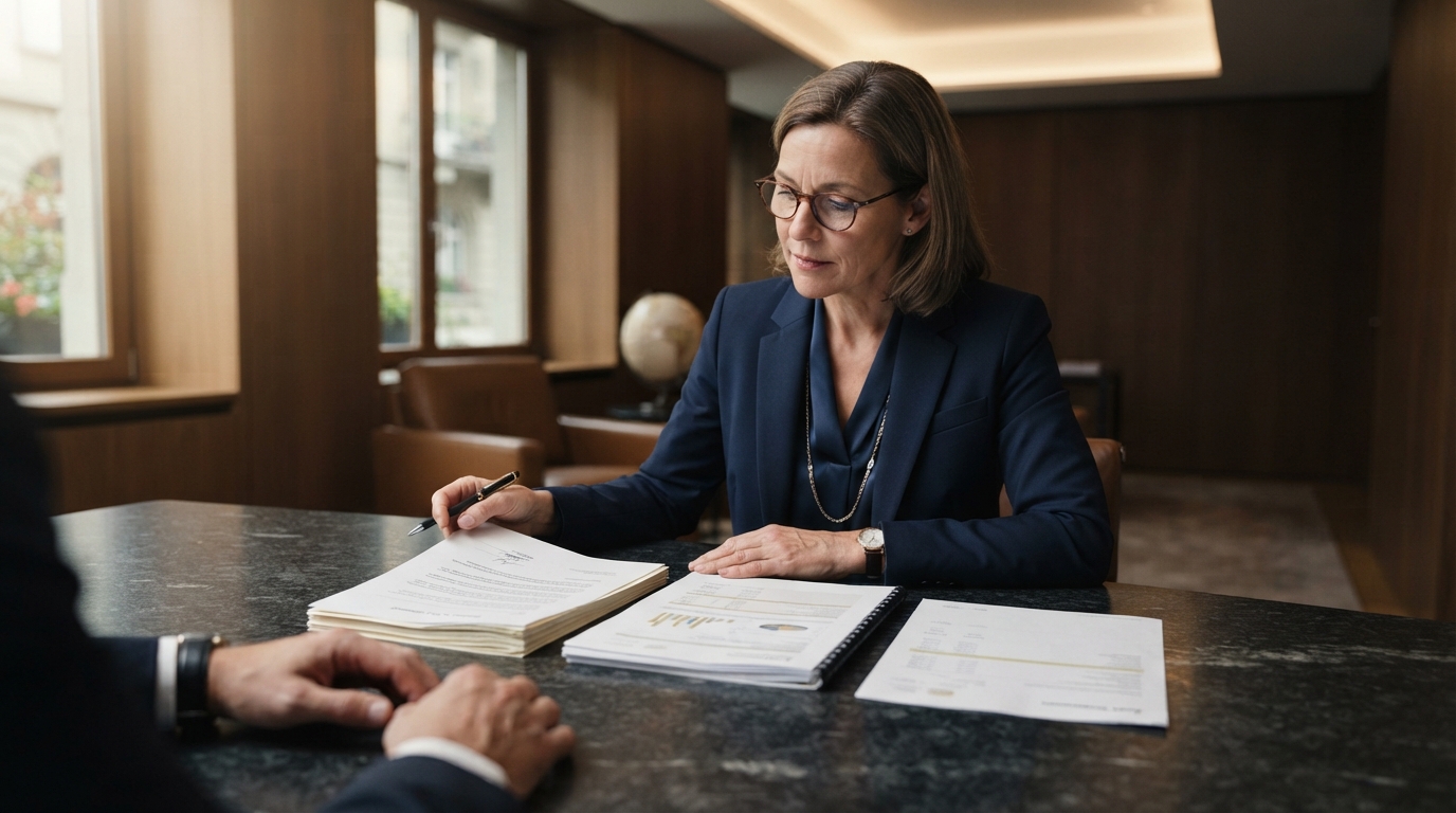 A compliance officer reviews a business-sale agreement, audited accounts, and a bank transfer statement across a stone table