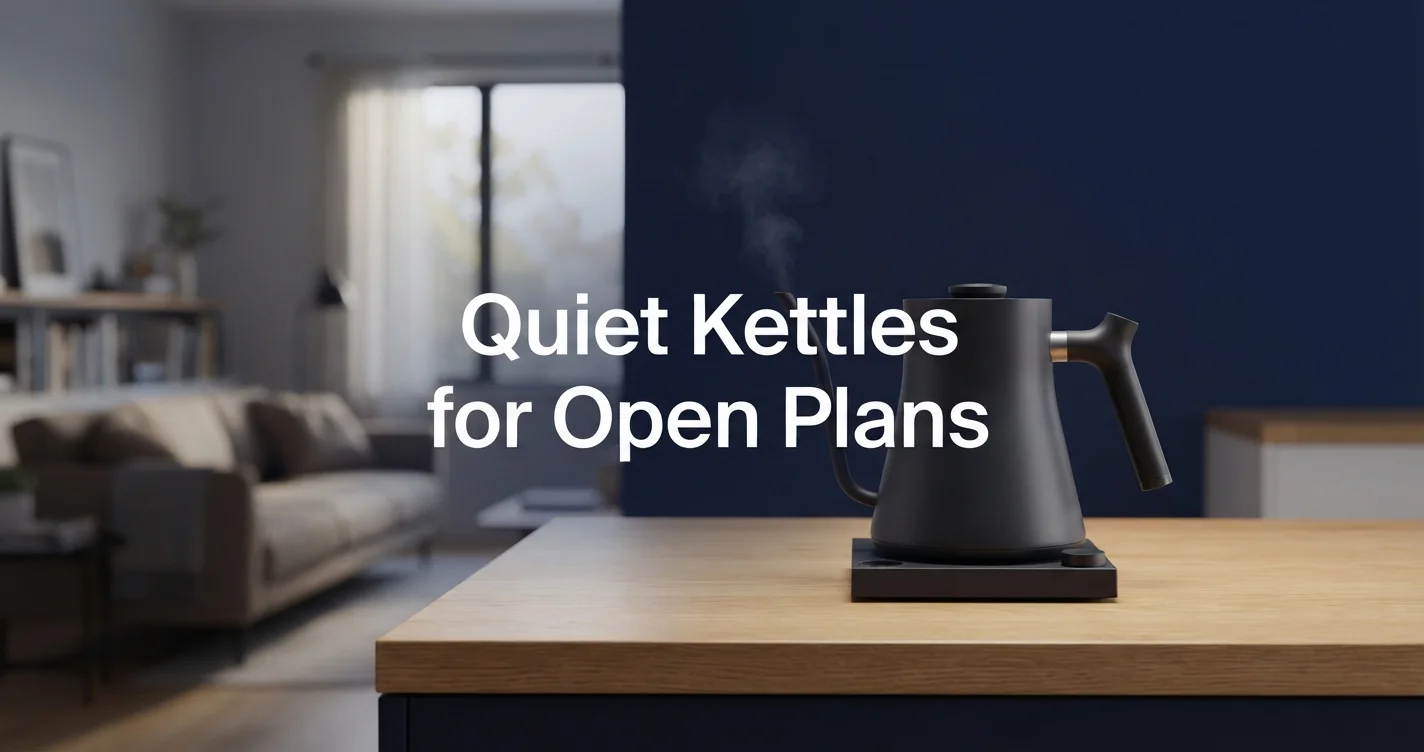 Black electric kettle on a wooden counter in a modern open plan living room