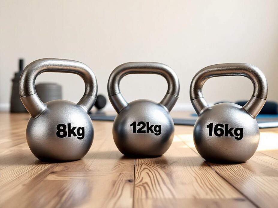 Three kettlebells on a gym floor
