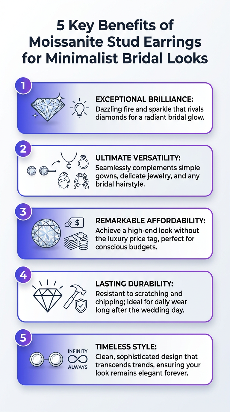 Infographic: Best Moissanite Stud Earrings for Minimalist Bridal Looks — 5 key benefits of minimalist moissanite studs.