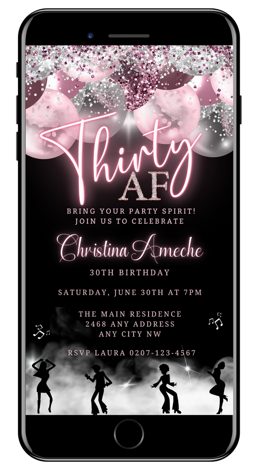 Mauve Pink Silver Neon 30AF Birthday Video Evite