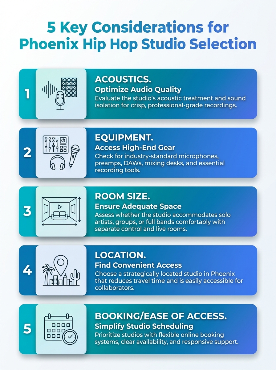 Infographic outlining 5 key considerations for Phoenix hip hop studios selection.