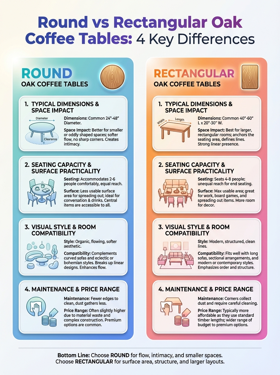 Infographic comparing round and rectangular oak coffee tables: 4 key differences in style, size, and practicality.