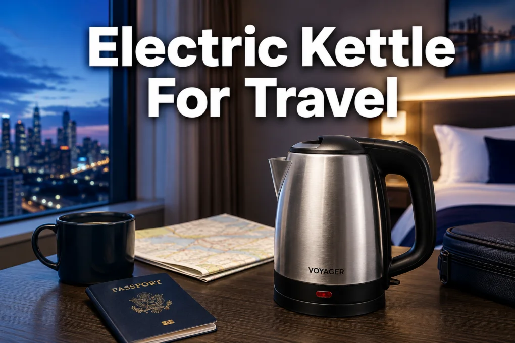 Electric kettle on a hotel desk beside a mug and travel items