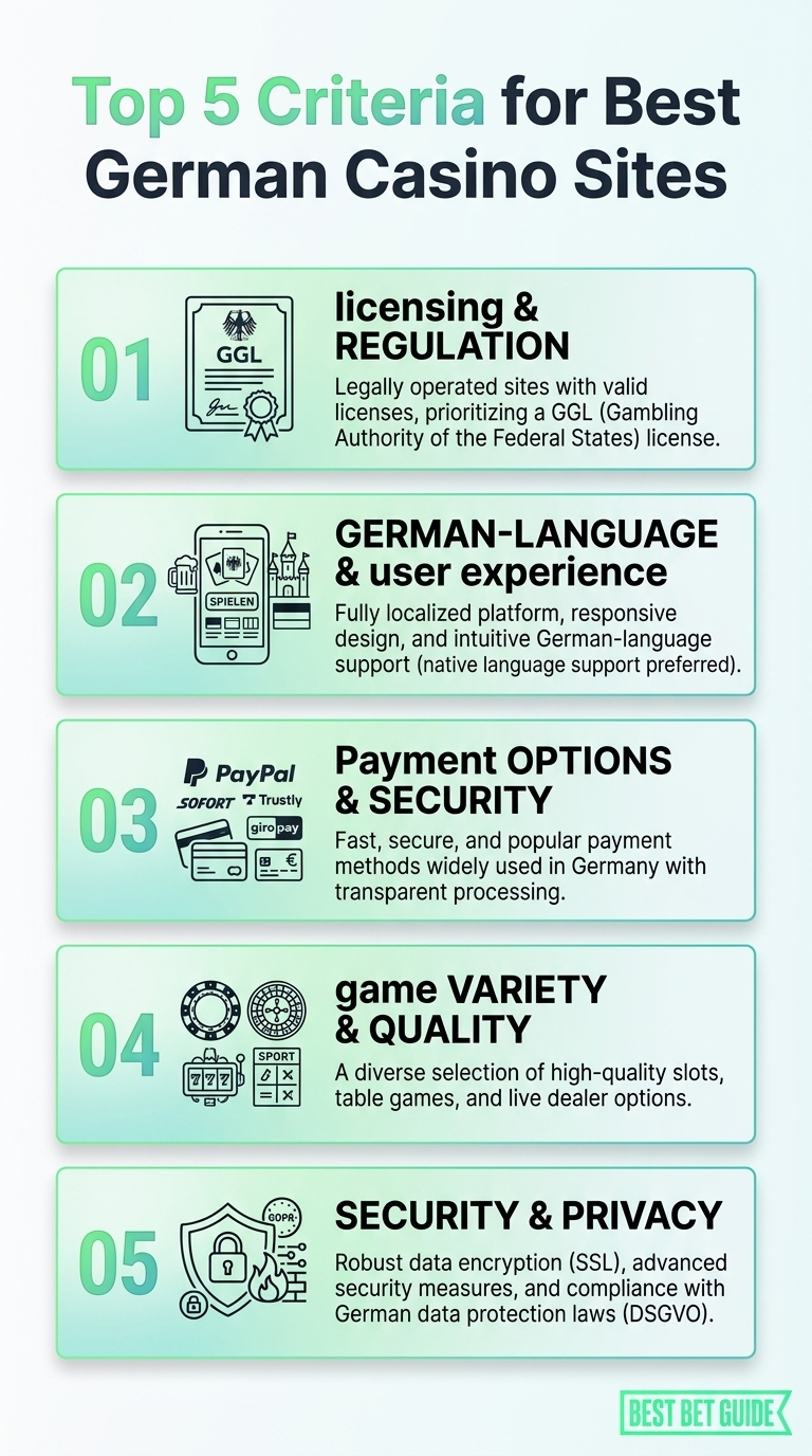 Infographic: Top 5 criteria for best german casino sites - licensing, security, payments, bonuses, UX.