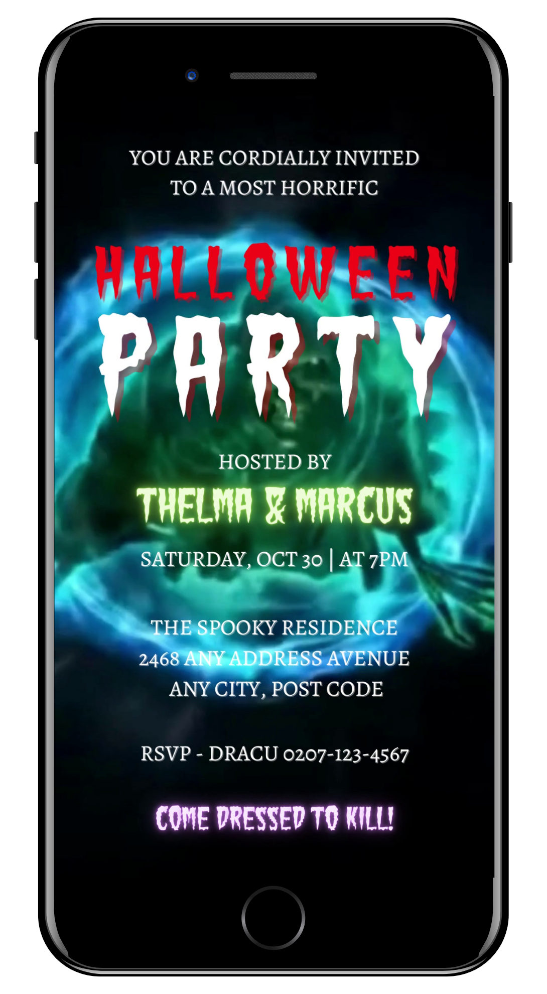 Scary Neon Ghost Halloween Party Video Invite animated digital invitation