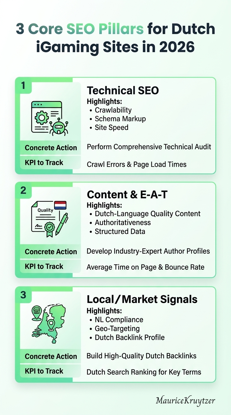 Best SEO Strategies for Dutch iGaming Sites in 2026: infographic showing 3 core SEO pillars for Dutch iGaming.