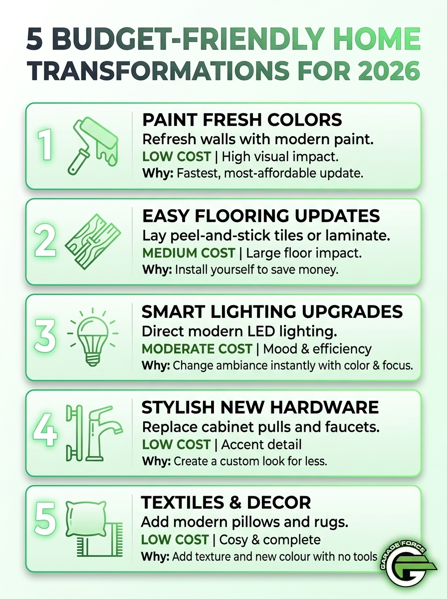 Infographic: 5 budget-friendly home transformations for 2026; highlights Cheapest ways to transform your home in 2026.