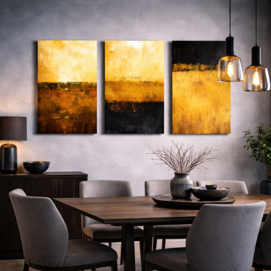 Abstract triptych wall art sized above a dining room table