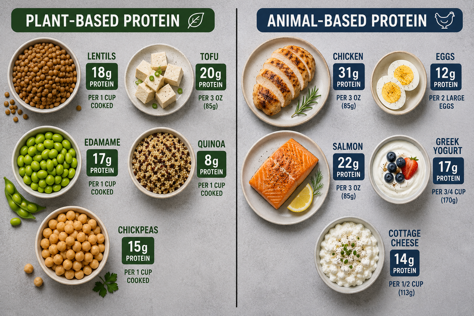 Bowls of plant and animal protein foods with labels and amounts