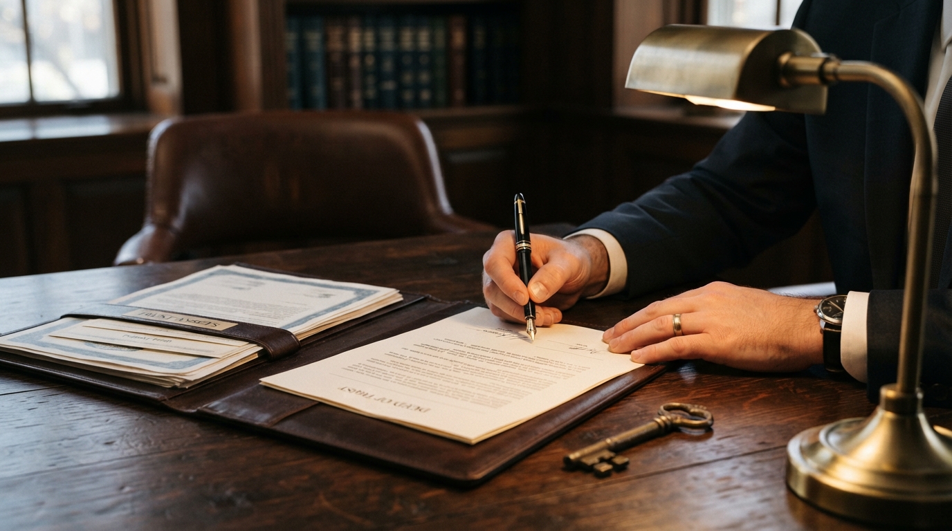 A trustee’s hand signs a trust deed beside a brass key and neatly arranged asset documents on a dark wooden table, lit by a