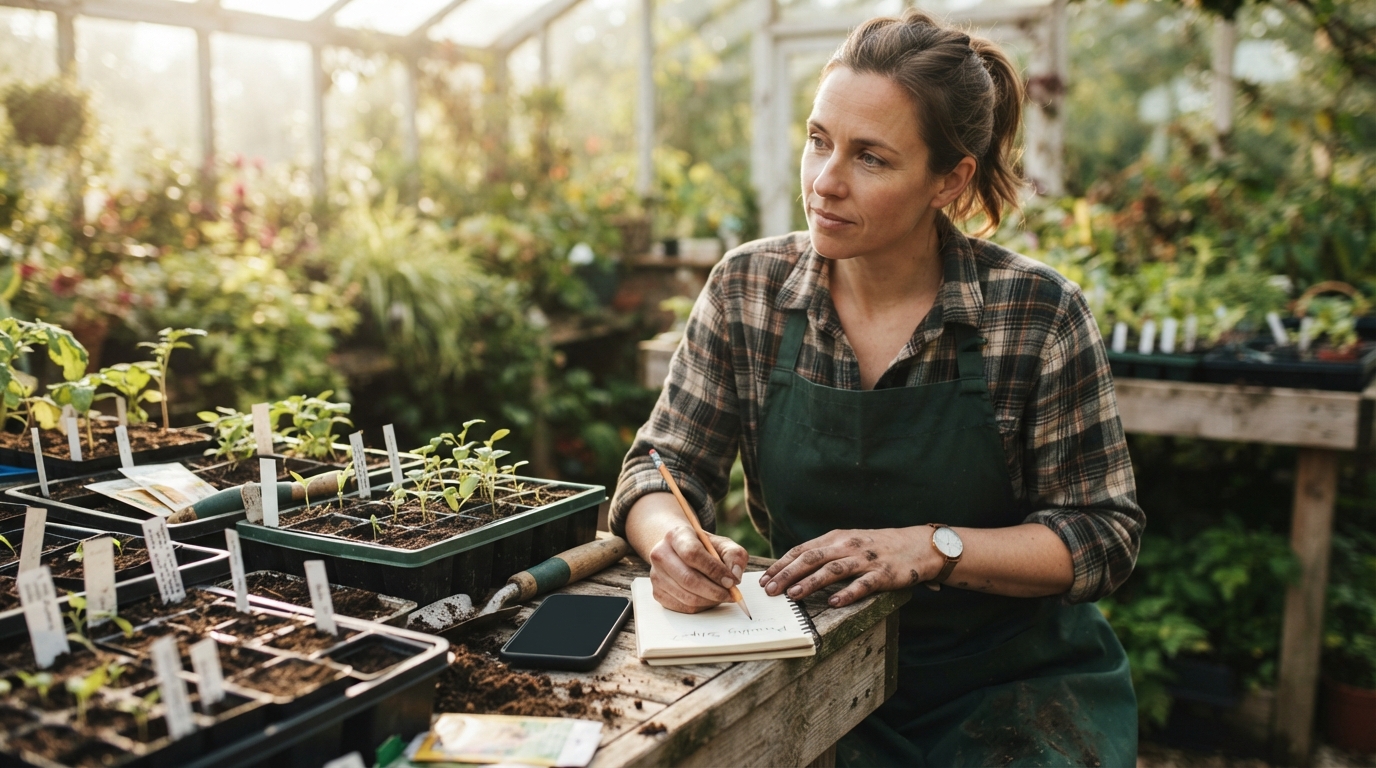 A greenhouse gardener pauses a niche horticulture podcast on a phone and writes down an advertised tool type beside seed