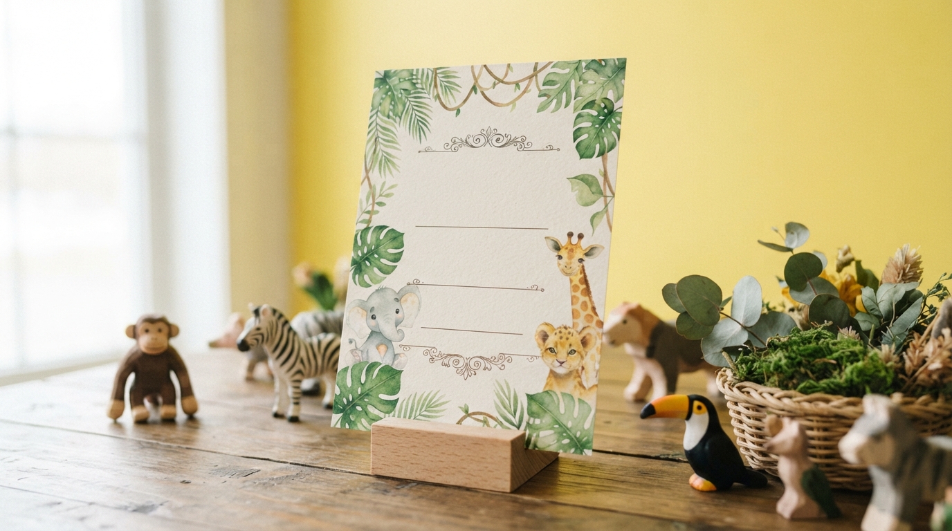 A playful jungle-themed baby shower invitation with leafy illustrations stands among toy animals and greenery against a