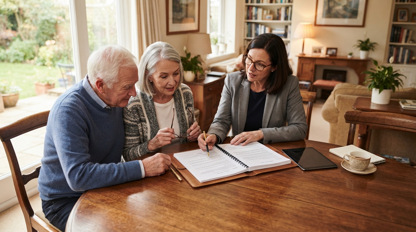 An estate planner and an older couple discuss a trust document across a round table in a sunlit home, seen from above.