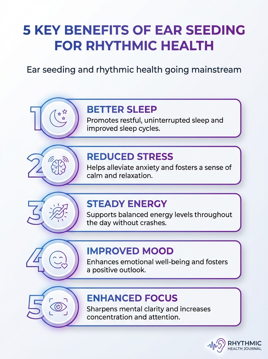 Infographic: five key benefits of ear seeding for rhythmic health and mainstream adoption.