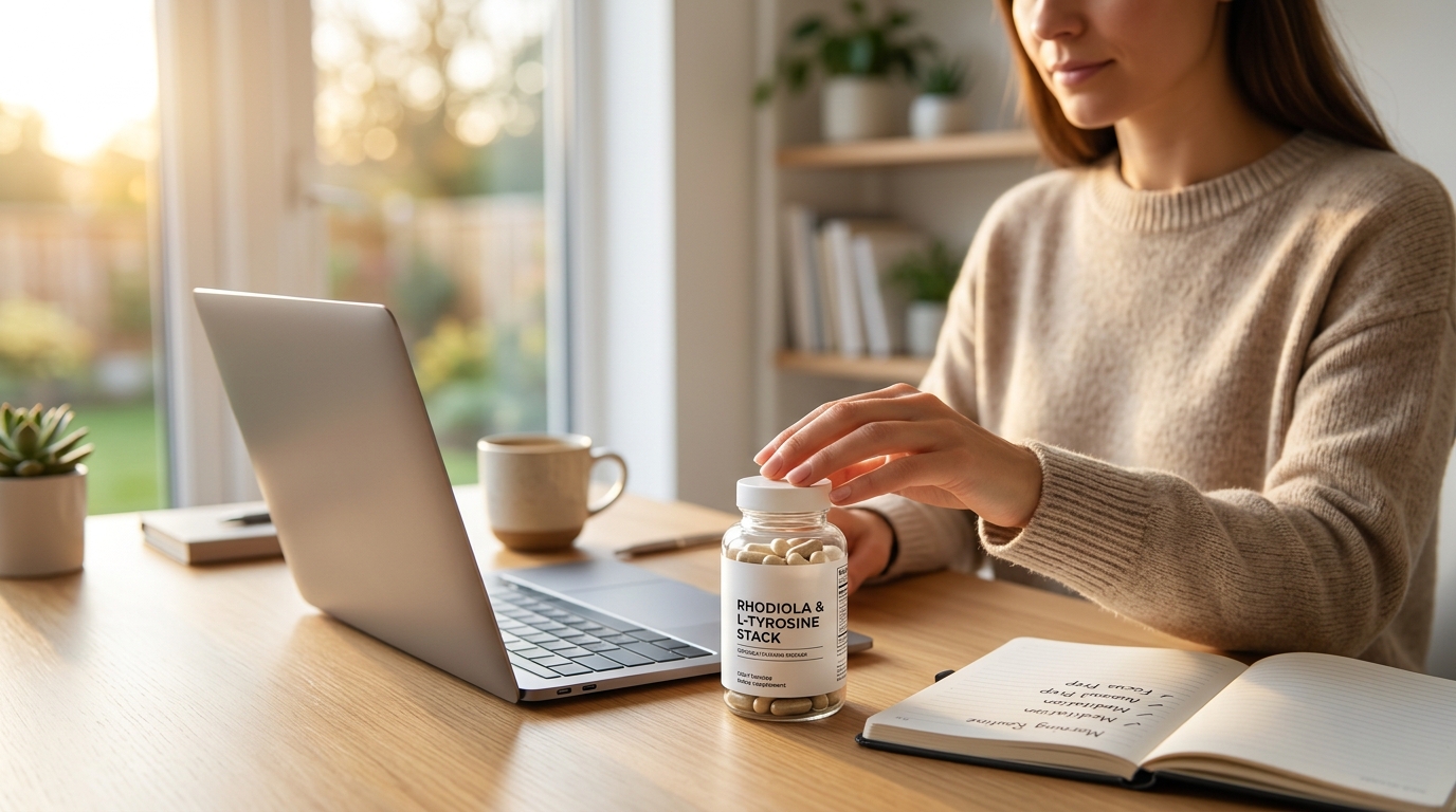 Key benefits infographic showing improved focus, mood support, and stress resilience