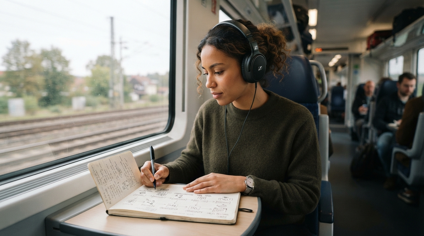 A marketer listens to a business podcast through headphones on a train, annotating a paper lead journey from episode