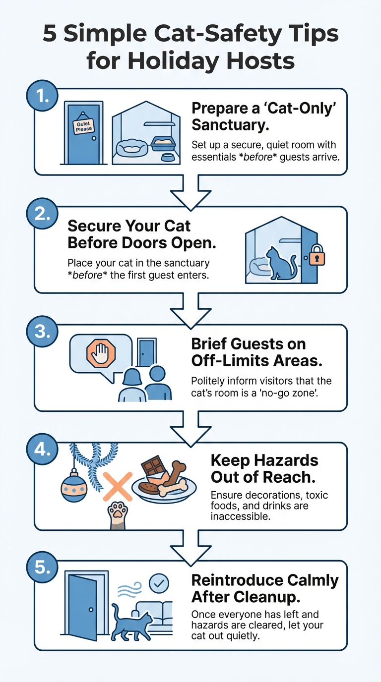 Infografía: 5 consejos simples de seguridad de gatos para anfitriones de fiestas navideñas para mantener gatos seguros durante visitas familiares.