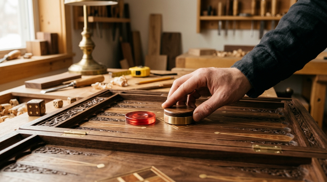 Weighted checkers settling flat on a hardwood backgammon surface