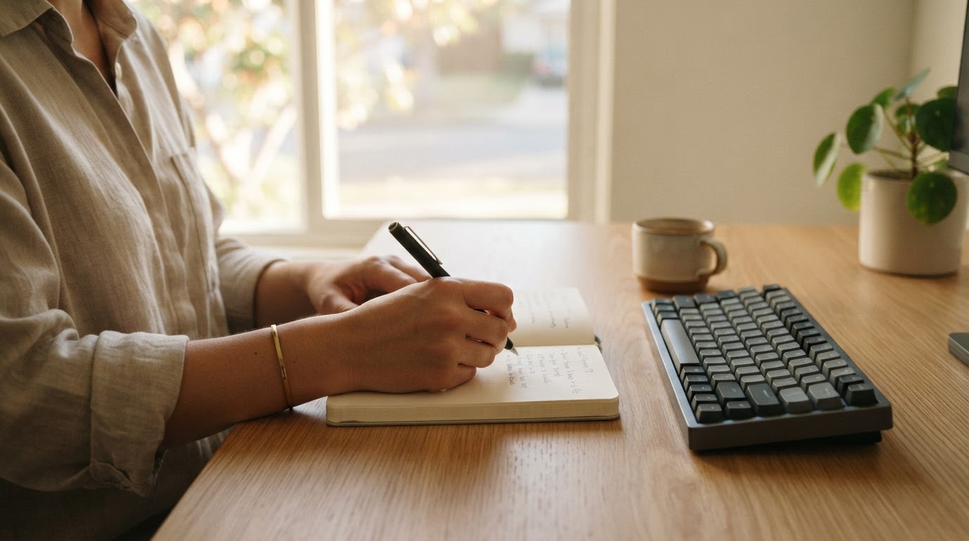 Hands writing in a small notebook beside a compact keyboard on a minimal desk, with warm morning light falling through a