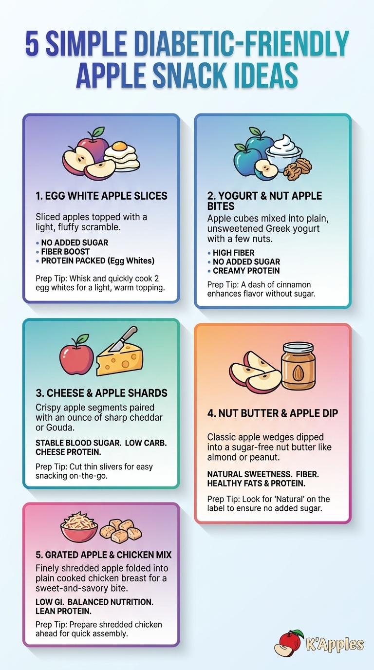 Infographie : 5 idées de collations aux pommes simples et adaptées aux diabétiques, présentant des idées de collations saines.