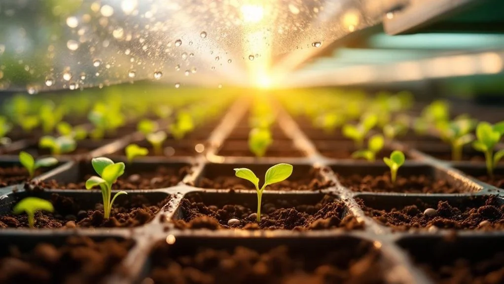 Rows of seedlings growing in soil filled trays in a greenhouse
