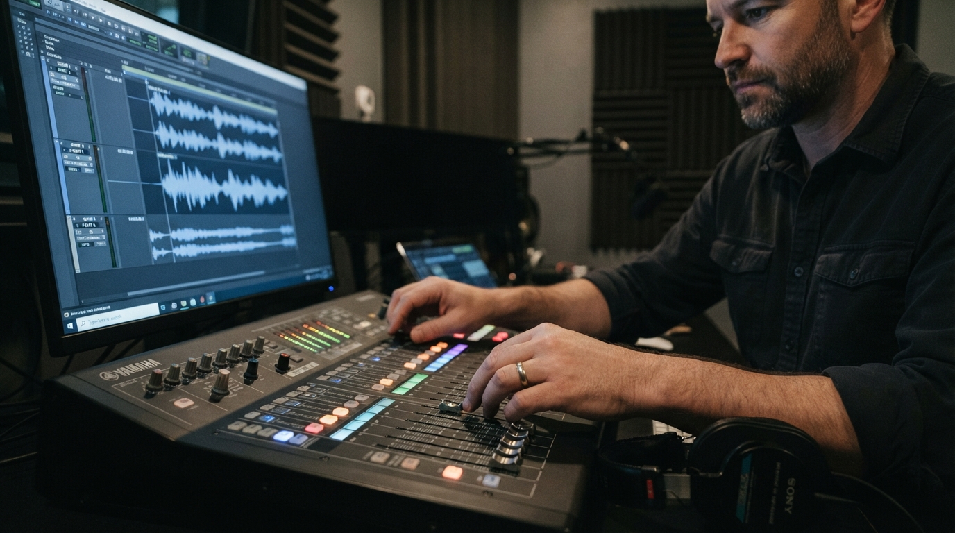 A close-up shows an audio producer adjusting recording levels while a monitor displays podcast waveforms and episode markers