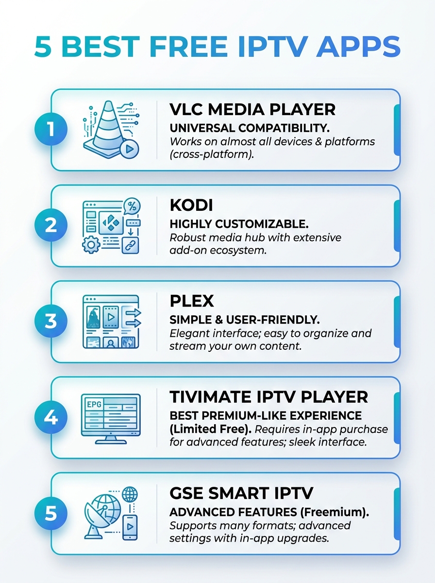 Infographic listing the 5 best free IPTV apps with features, platforms, and ratings.