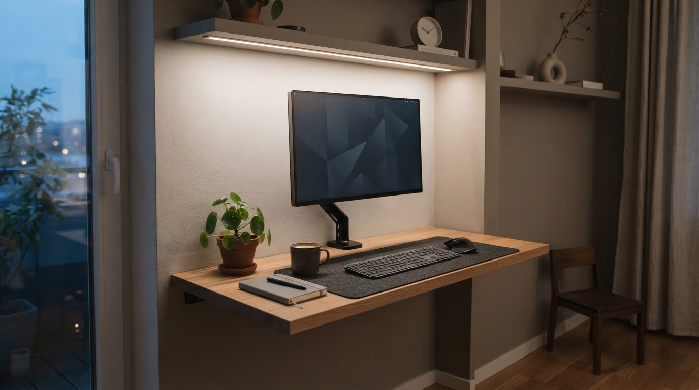 A narrow floating desk with a single monitor, tucked into a small apartment alcove, photographed wide with clean lines and