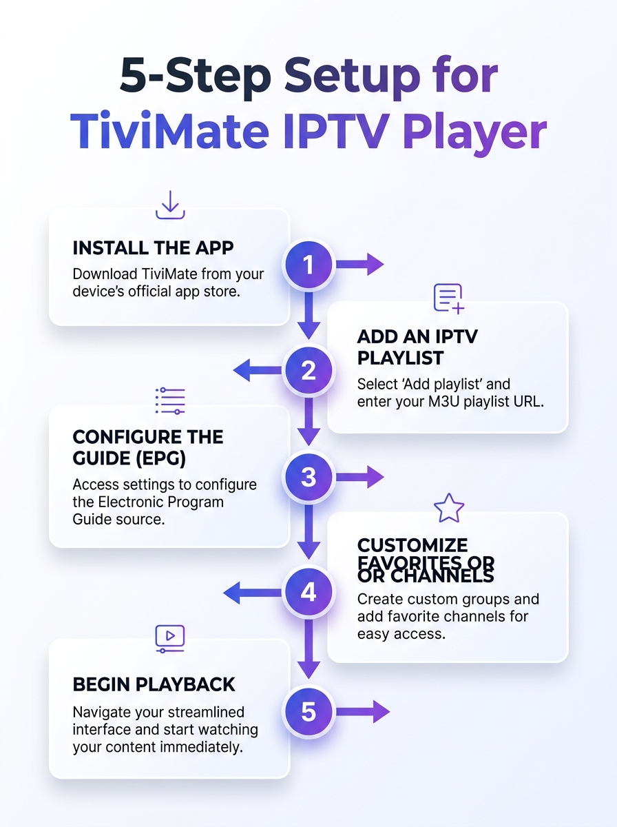 5-step Tivimate IPTV Player setup infographic for tivimate iptv player: configuring channels, playlists, and EPG.
