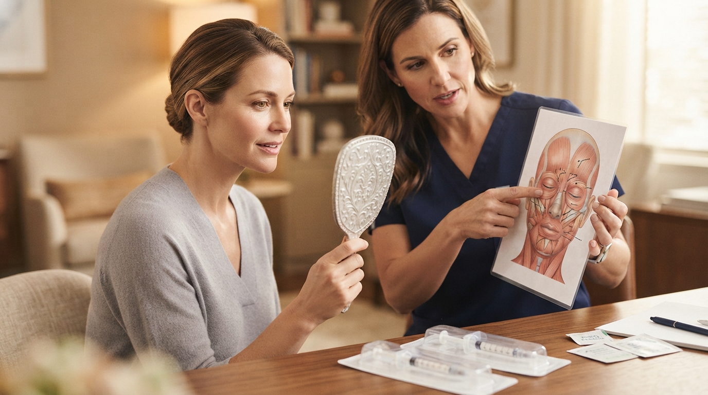 A patient studies a mirror as a clinician points to cheek areas on a face diagram, with generic filler syringes on the table