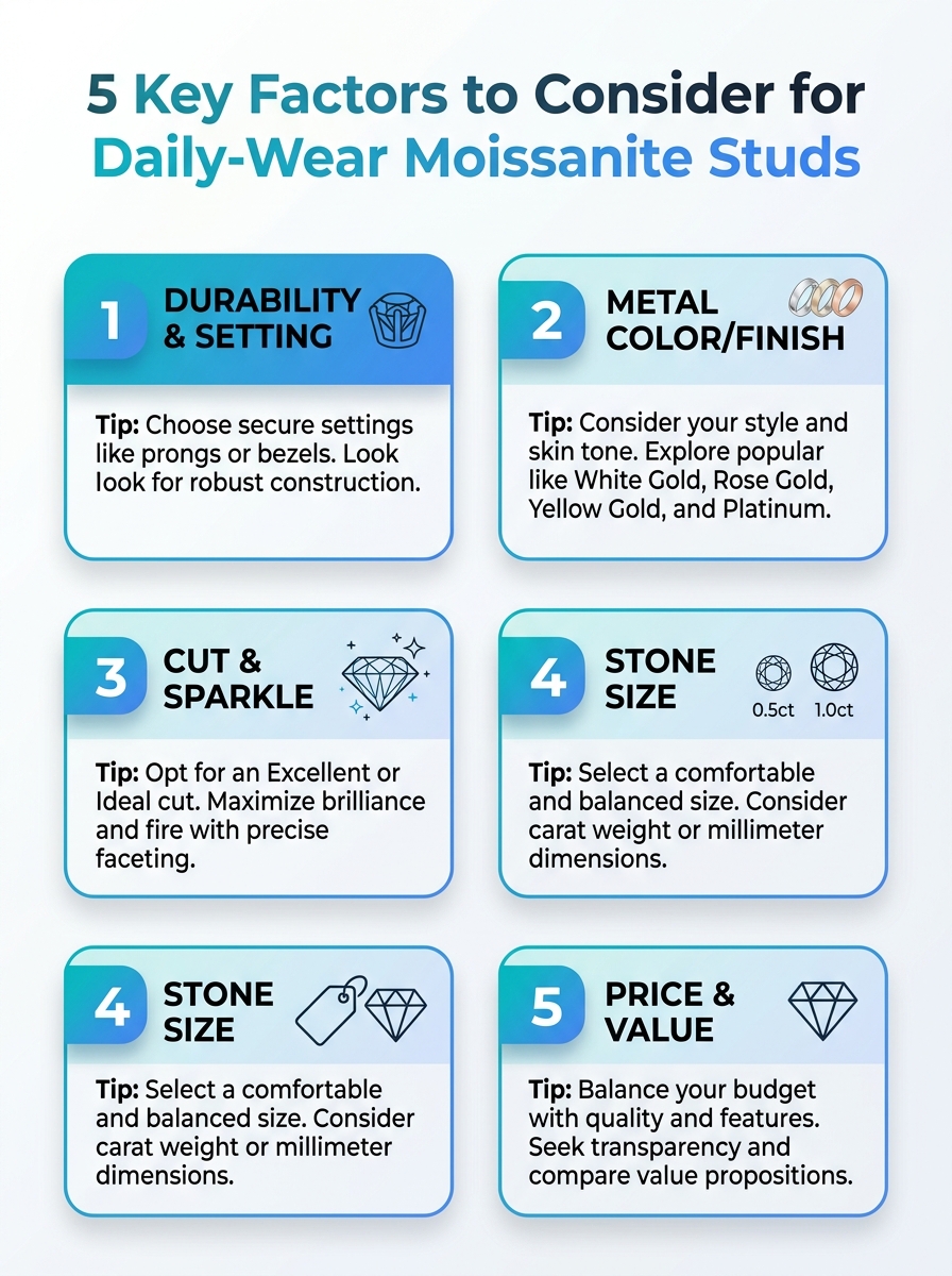 Infographic: 5 key factors for daily-wear moissanite studs - durability, setting, size, color, and price.
