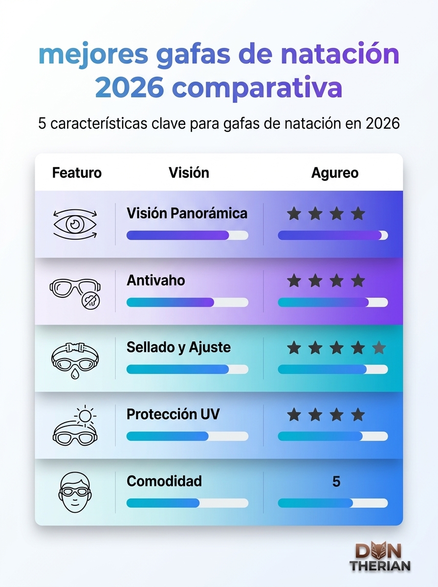 Infografía comparativa de las mejores gafas de natación 2026: 5 características clave para elegir.
