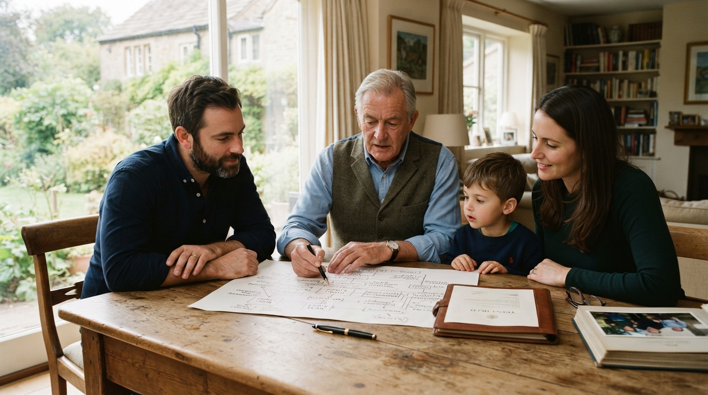 Three generations of a family review a hand-drawn ownership chart beside a trust deed at a sunlit dining table.