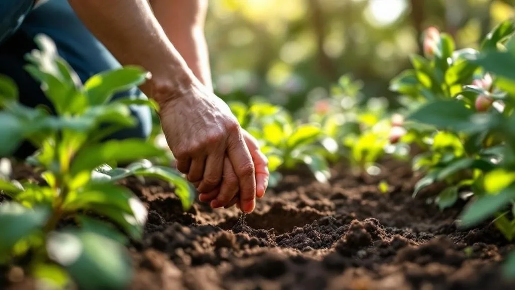 A gardener planting a small plant in loose soil among green plants
