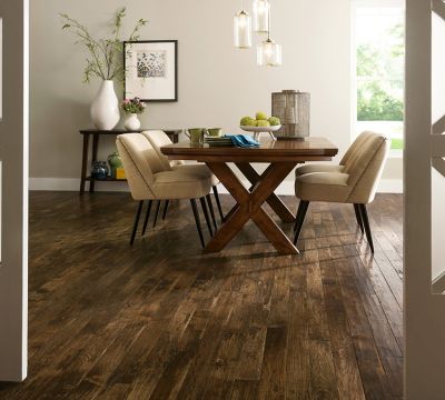 Dark handscraped hickory hardwood in a modern home