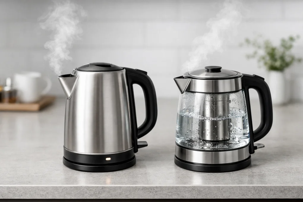 Stainless steel and glass electric kettles on a counter