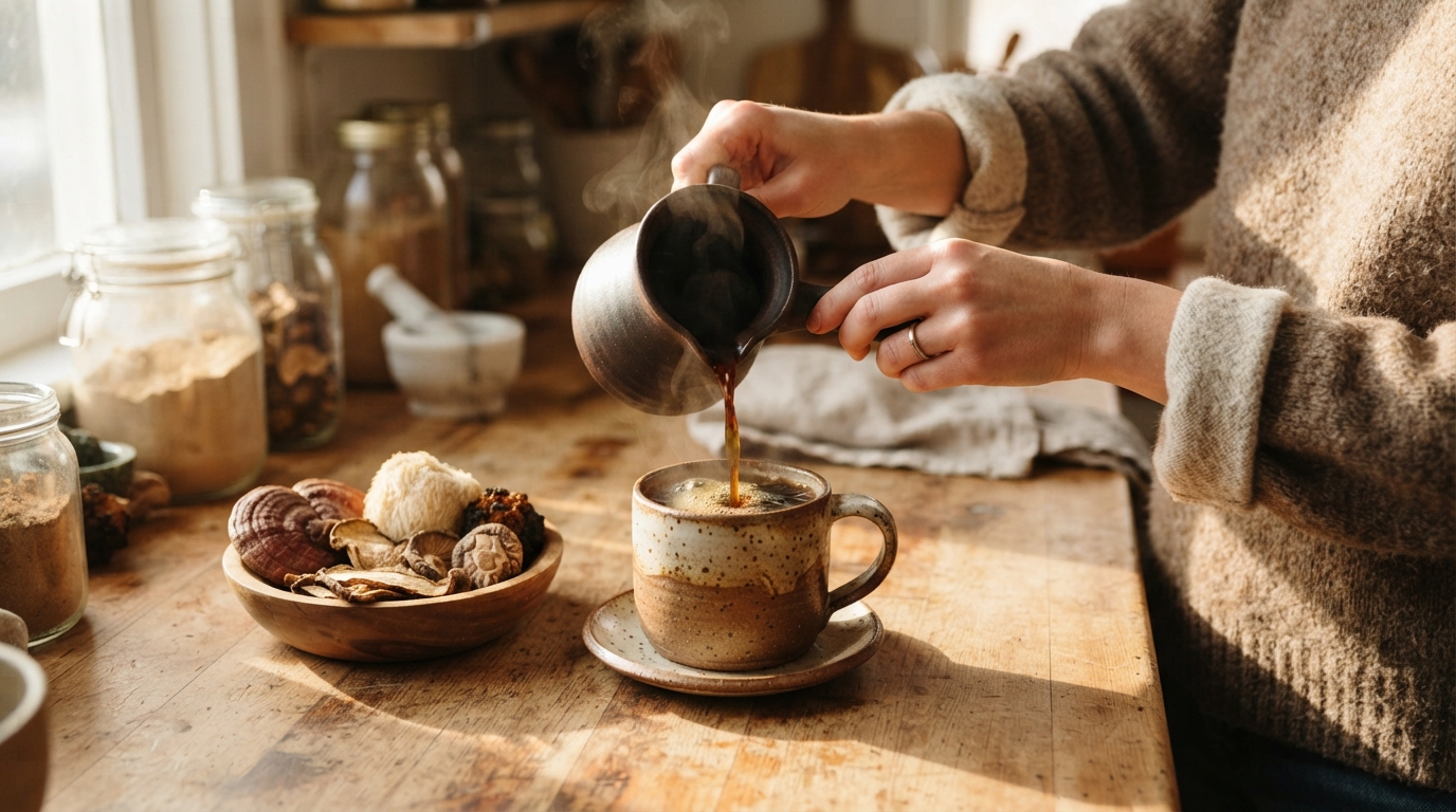 A hand pours dark mushroom coffee from a small pot into a ceramic mug beside dried fungi on a sunlit rustic kitchen counter.