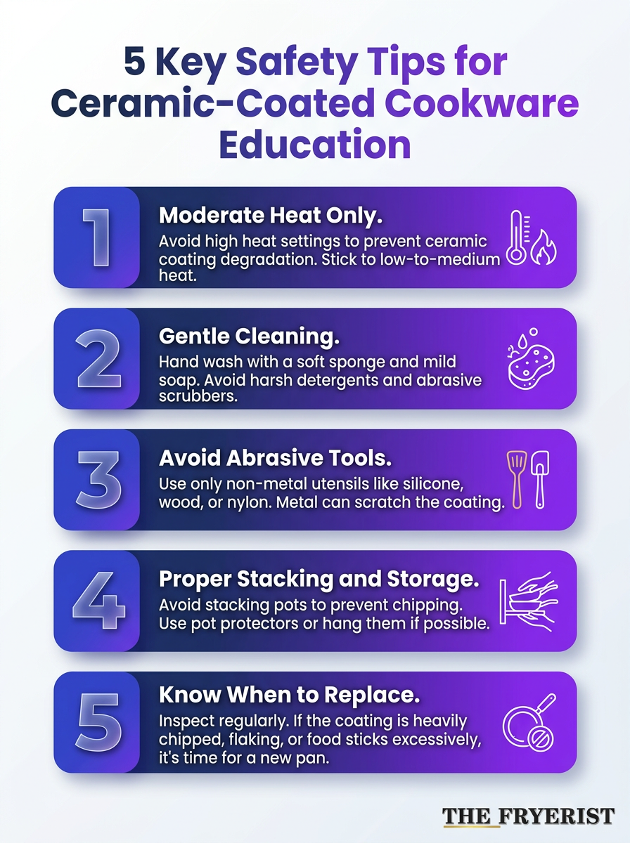 Infographic showing 5 key safety tips for ceramic-coated cookware care and safety education.