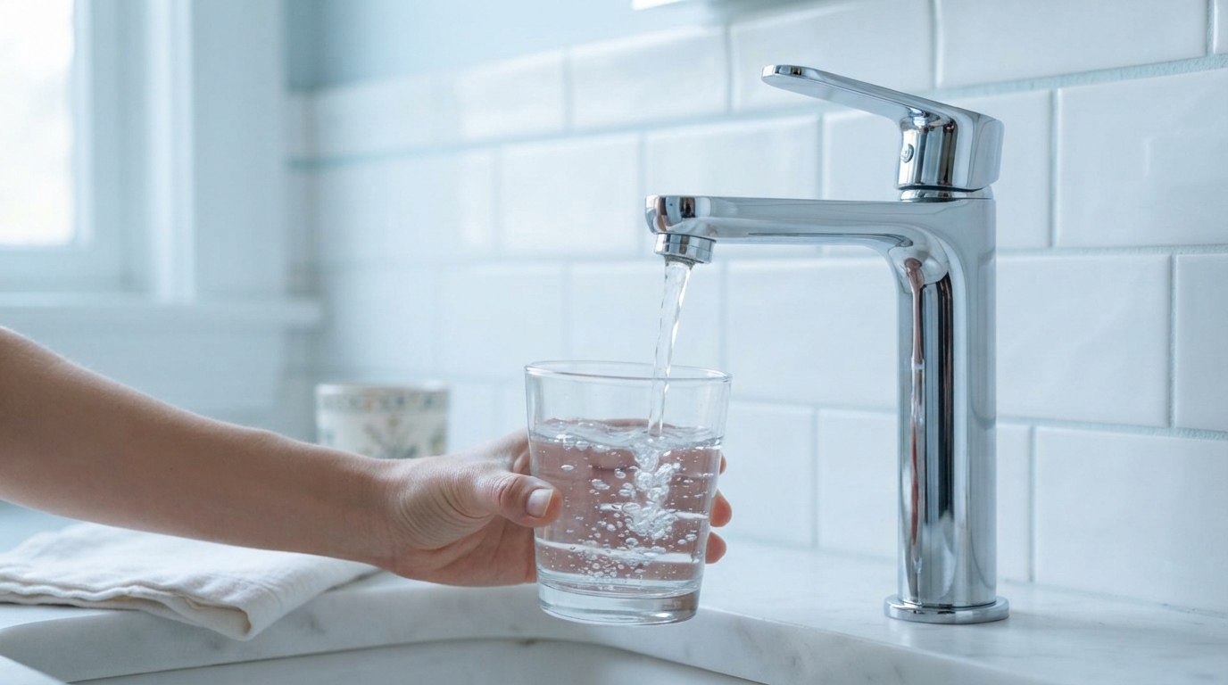 Detalle de una llave cromada llenando un vaso con agua clara, con azulejos blancos y luz azulada en un baño residencial