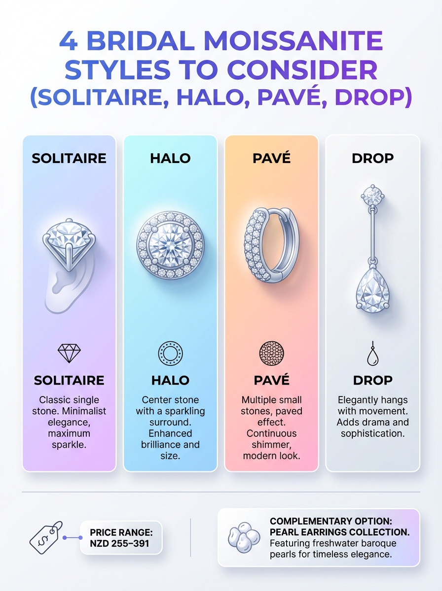 Infographic comparing 4 bridal earrings moissanite styles: solitaire, halo, pave, and drop.