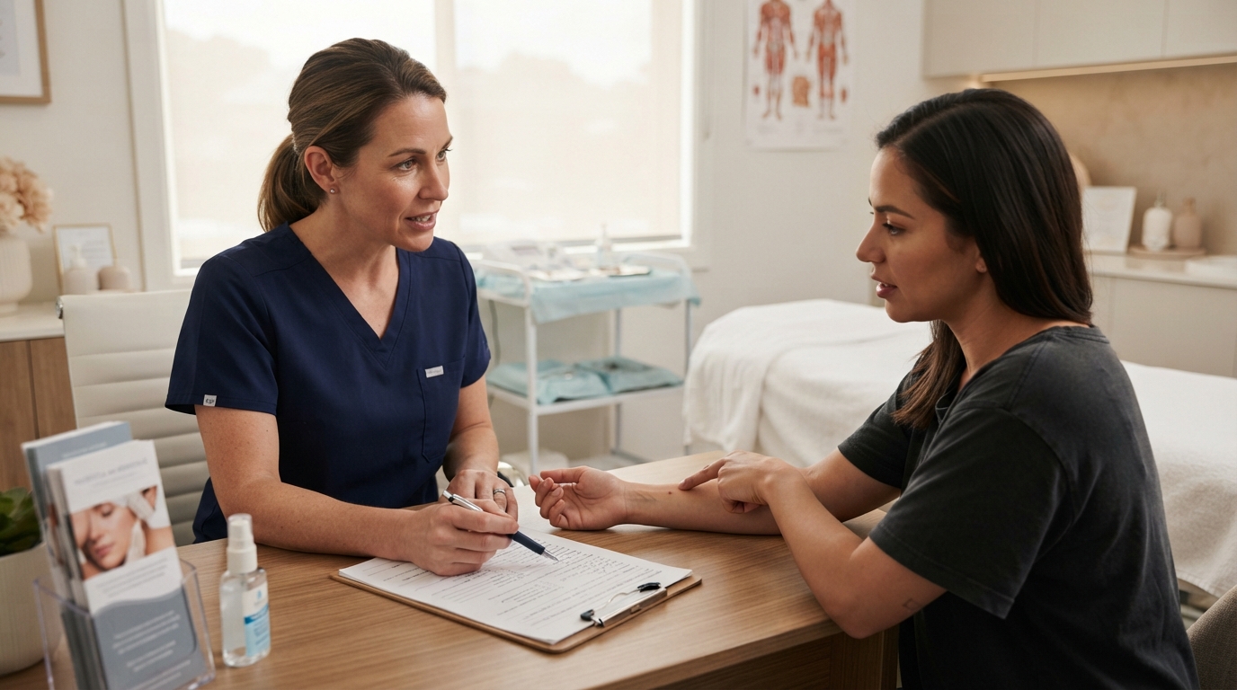 A practitioner reviews a patient's medical history before numbing cream use in a quiet clinic, with the patient pointing to