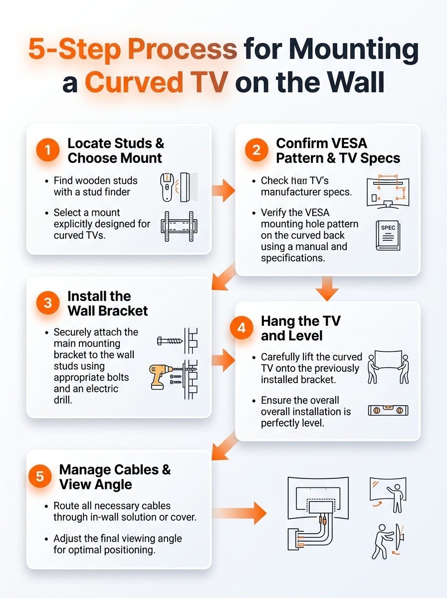 5-step curved TV wall mounting process: visual guide for mounting a curved TV on the wall.