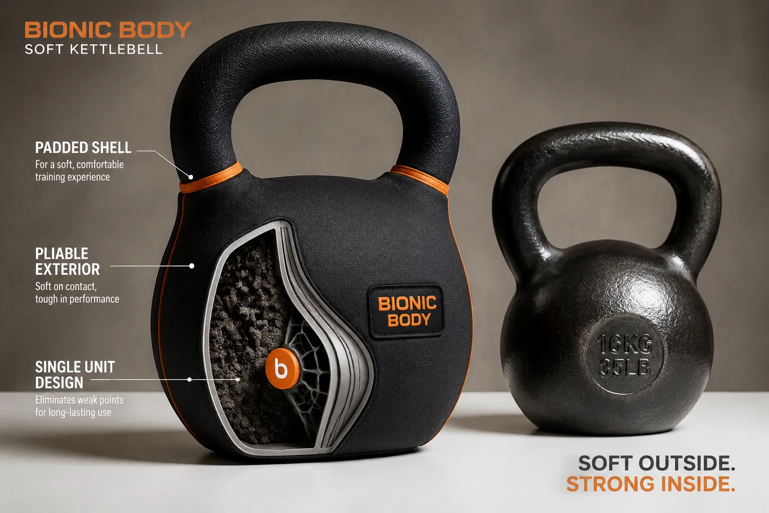 Bionic Body padded soft kettlebell beside a traditional kettlebell