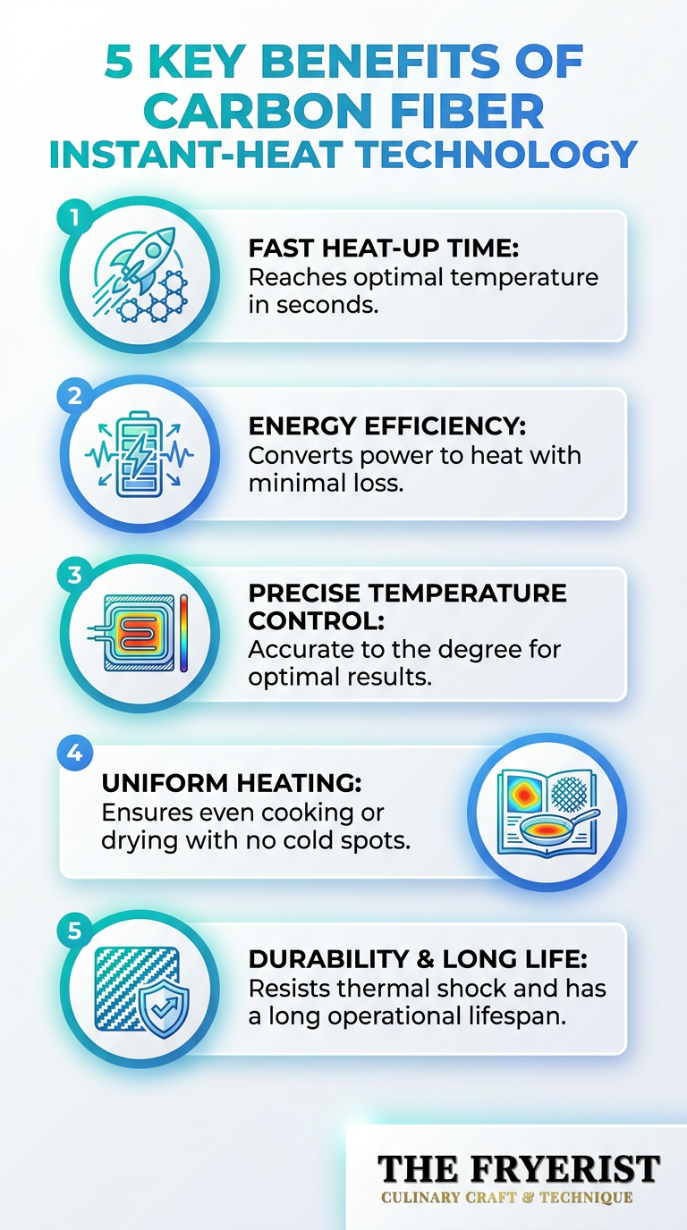 Infographic showing the 5 key benefits of Carbon Fiber Instant-Heat Technology.