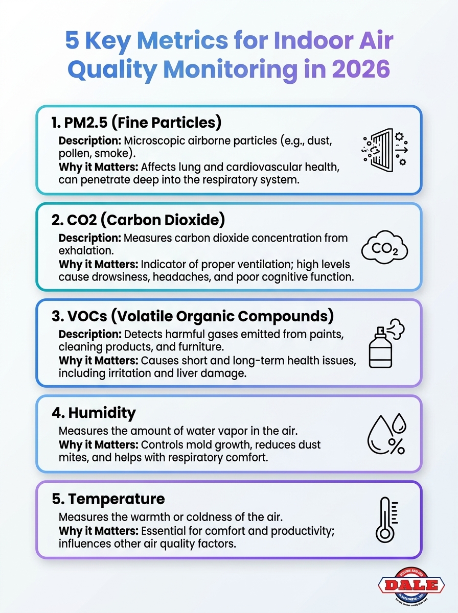Infographic on indoor air quality monitoring 2026: 5 key metrics (PM2.5, CO2, VOCs, humidity, AQI)
